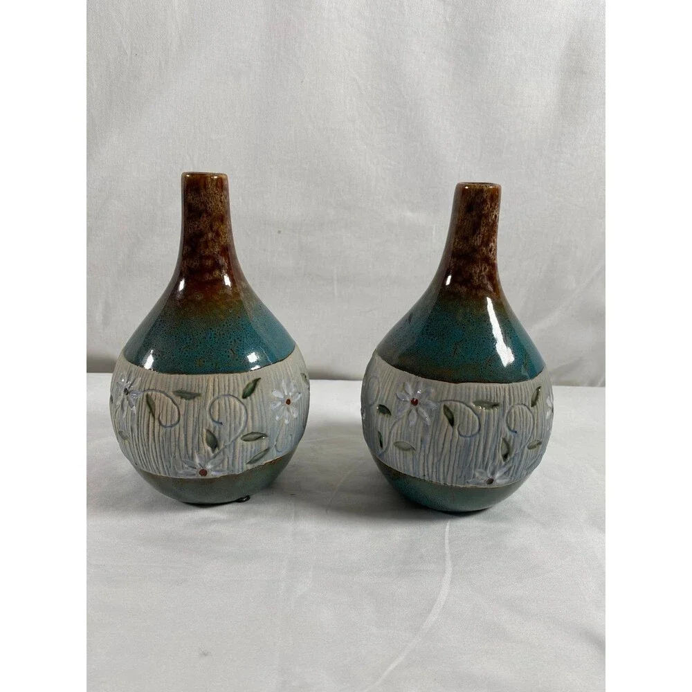 PAIR Rare Turquoise Brown Drip Glaze Fading Together Flowers Vase 8” Tall #307